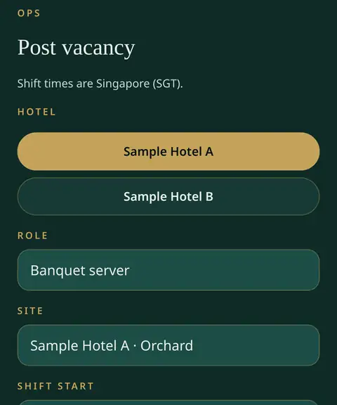 FW Staff Post vacancy screen with Sample Hotel A selected and a Banquet server shift being filled in