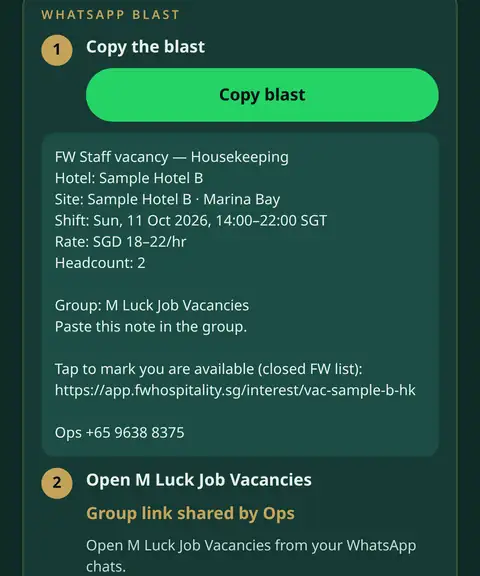 FW Staff WhatsApp blast step with the Copy blast button and the vacancy message for Sample Hotel B