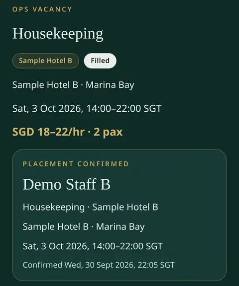 FW Staff vacancy marked Filled with Placement confirmed for Demo Staff B at Sample Hotel B